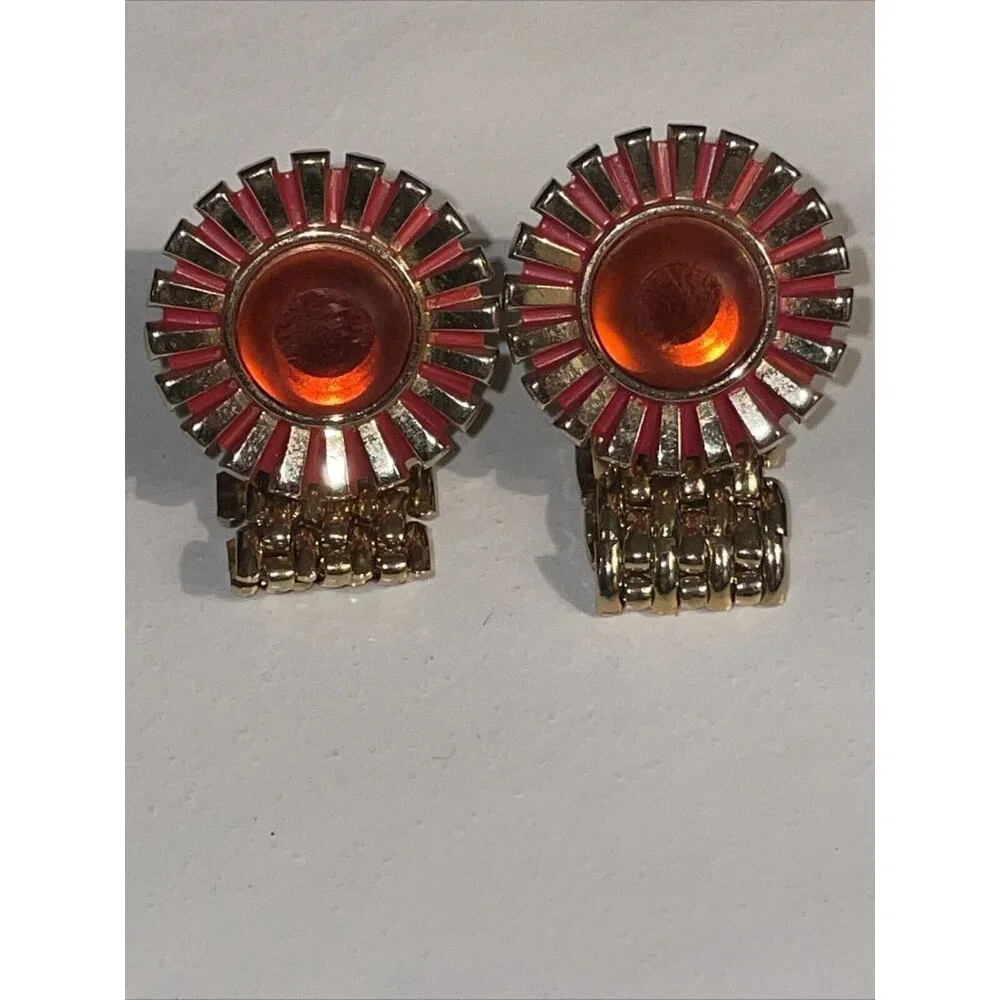 Vintage Hickok Cufflinks Orange Sunburst Gold Tone Wrap Around Retro MCM‎
